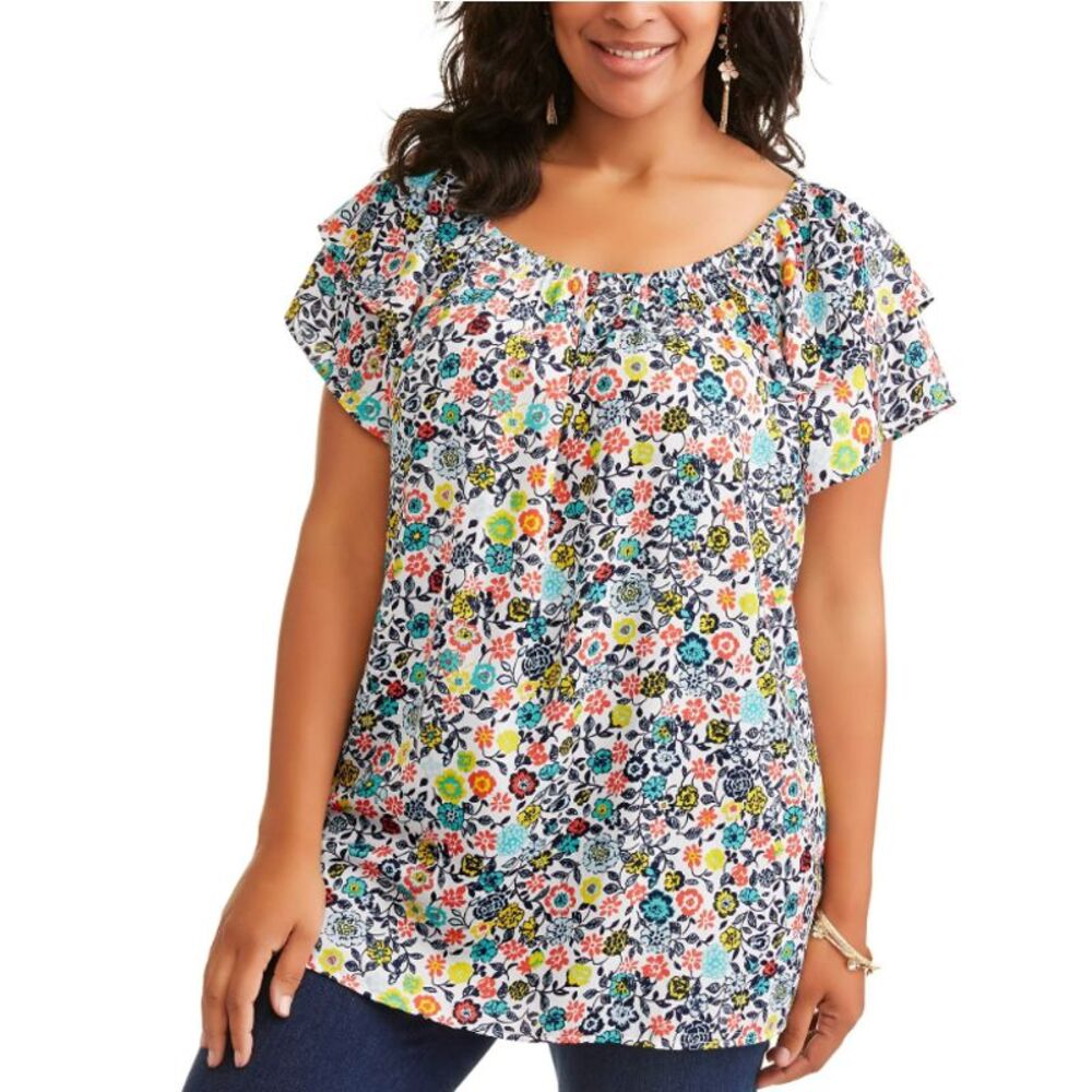 Terra & Sky Bright Floral Blouse Tiered Sleeves Sz. 0X